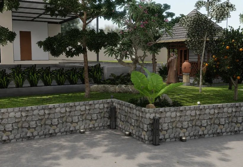 Visual desain 3D landscape villa tropis dengan taman dan area outdoor